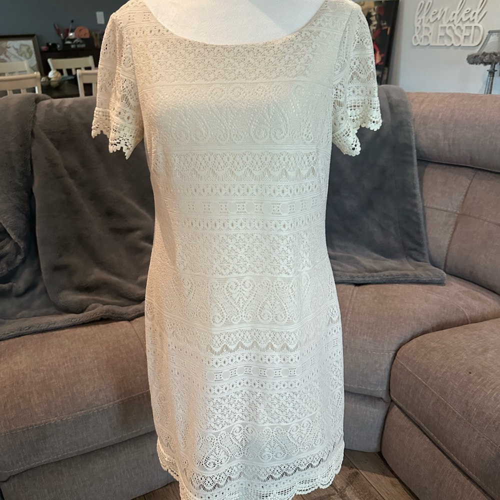 London Times Cream Lace Midi Dress